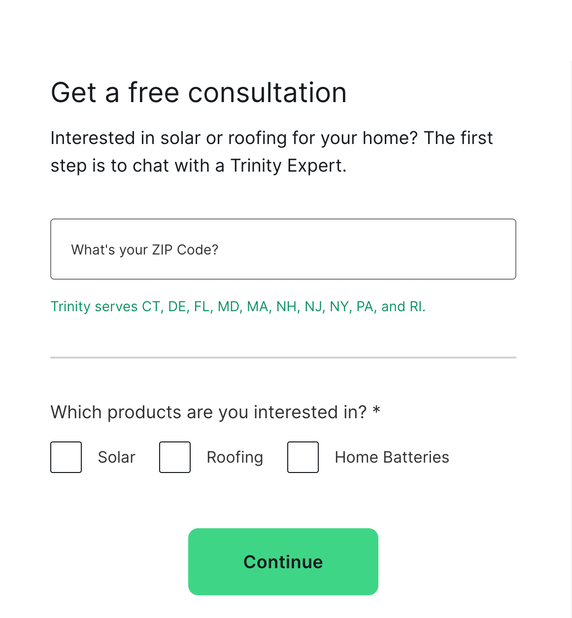 Trinity Solar Lead Gen Form — Screen 1 redesign