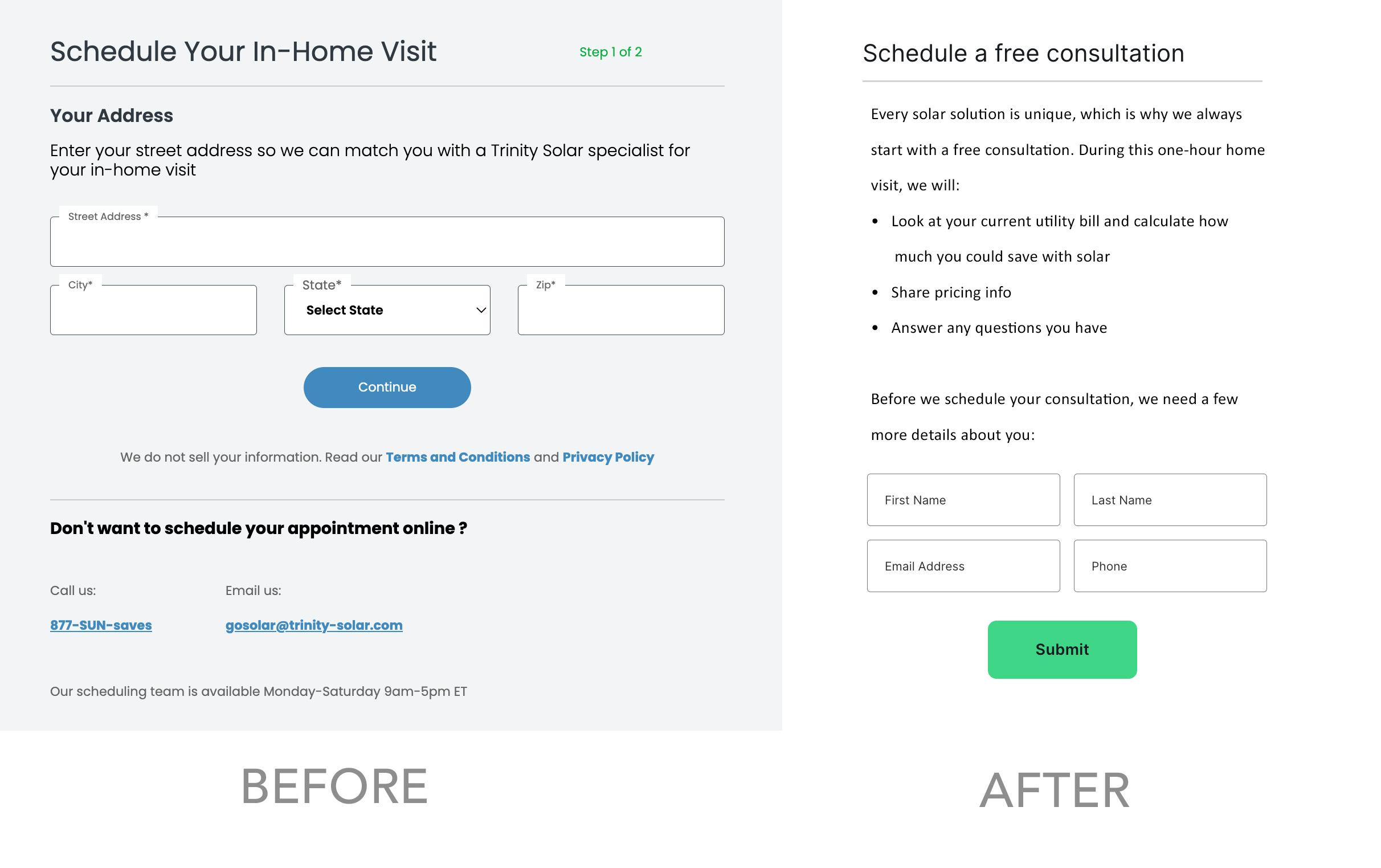 Trinity Solar Lead Gen Form — Screen 2 Before & After